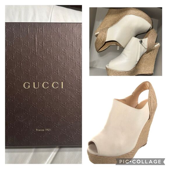 Authentic GUCCI Off White Leather Raffia Jute Wedge Heel Slingback Sandals Sz 39 - Picture 1 of 13